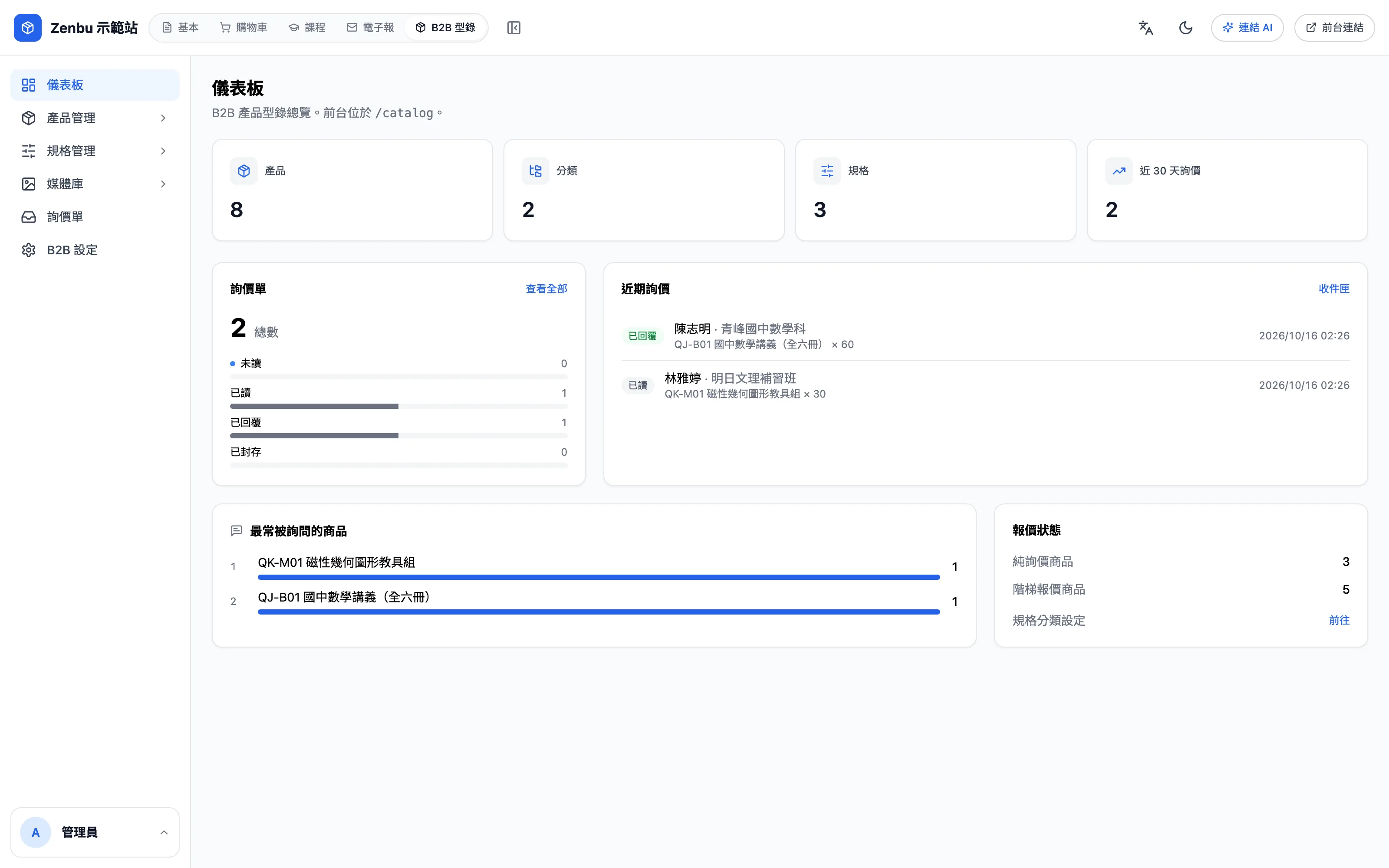 B2B 型錄儀表板